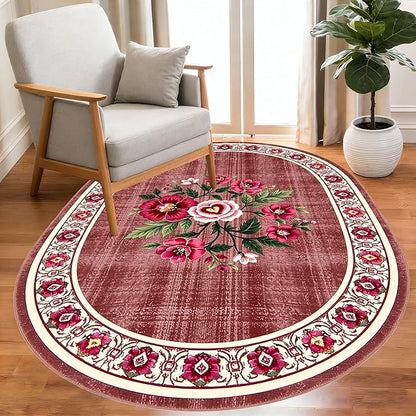 Retro Country Distressed Burgundy Green Florals Texture Bordered Rugs 10x12 for Living Room Bedroom Dining Room Soft Washable Non Skid Area Rug Guestroom Kitchen Doormats Rustic Indoor Oval Carpet