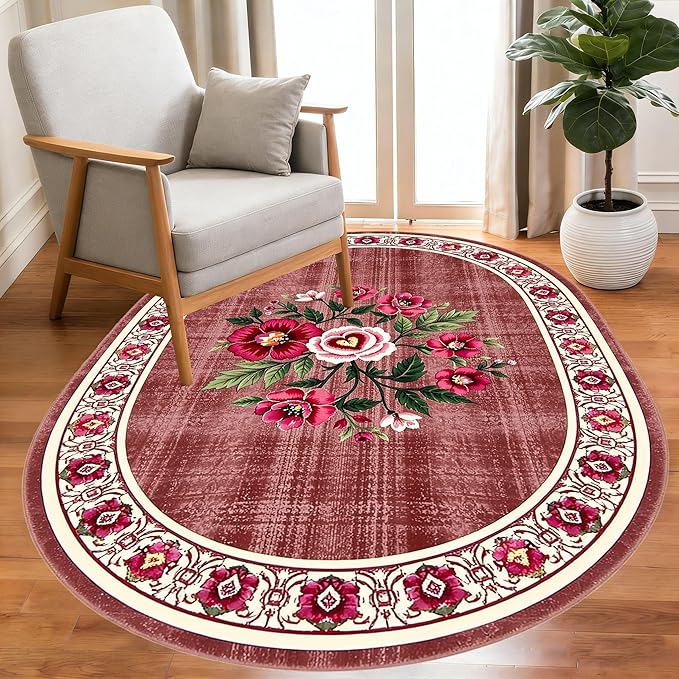 Retro Country Distressed Burgundy Green Florals Texture Bordered Rugs 5x7 for Living Room Bedroom Dining Room Soft Washable Non Skid Area Rug Guestroom Kitchen Doormats Rustic Indoor Oval Carpet