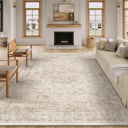 9x12 Washable Area Rug Beige Vintage Distressed Large Rug for Living Room Oriental Soft Thin Indoor Retro Carpet Non Slip Low Pile Floor Cover for Bedroom Dining Room Office Nursery