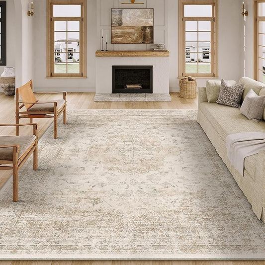 8x10 Washable Area Rug Beige Vintage Distressed Large Rug for Living Room Oriental Soft Thin Indoor Retro Carpet Non Slip Low Pile Floor Cover for Bedroom Dining Room Office Nursery