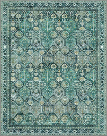 Bavni Washable Rug 8x10 Area Rug for Living Room Bedroom Dining, Washable Vintage Print Carpet, Ultra-Thin Chenille Low Pile Lightweight Rug with Non Slip Backing, Dark Green