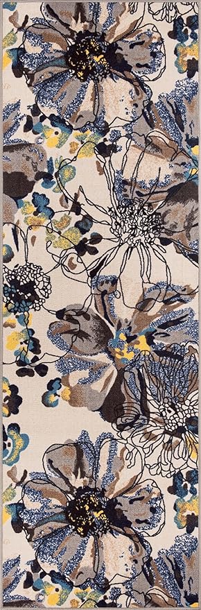 Rugshop Cream Bright Flowers Non Slip Non-Shedding Runner Rug for Hallway, Kitchen and Entryway, 2'7" x 6'