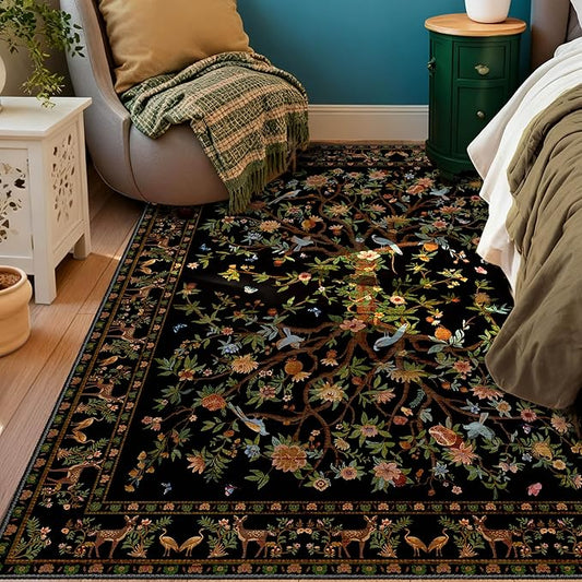 Black Area Rug 3x5 Washable, Non-Slip Small Rug Carpet, Floral Boho Low Pile Soft Throw Rugs for Entryway, Bedroom, Kids Room, Dorm, Office, Nursery, Vintage Home Decor