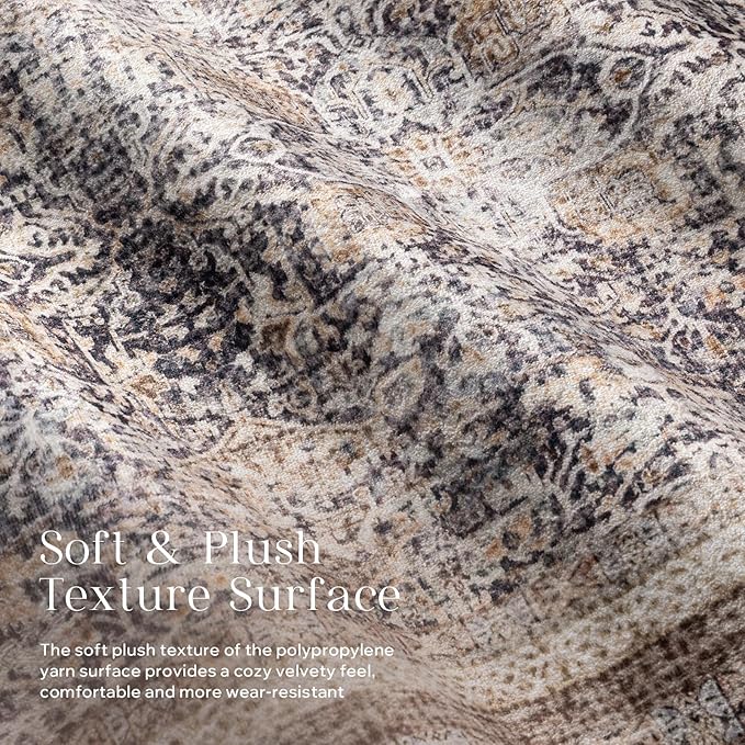 Phantoscope Washable Area Rug 4'x6' Non-Slip, Vintage Neutral Rugs for Living Room, Bedroom, Dining Room, Distressed Boho Floral Medallion Pattern, Low-Pile Foldable Floor Carpet, Light Brown