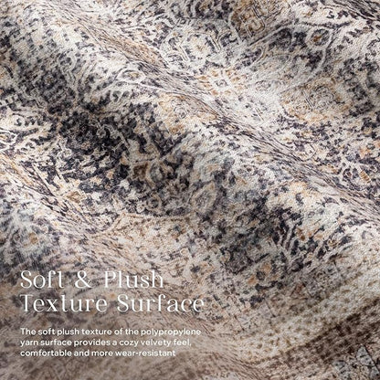 Phantoscope Washable Area Rug 9'x12' Non-Slip, Vintage Neutral Rugs for Living Room, Bedroom, Dining Room, Distressed Boho Floral Medallion Pattern, Low-Pile Foldable Floor Carpet, Light Brown