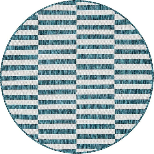 Unique Loom Outdoor Striped Collection Area Rug - Striped (4' 1" Round, Teal/Ivory)