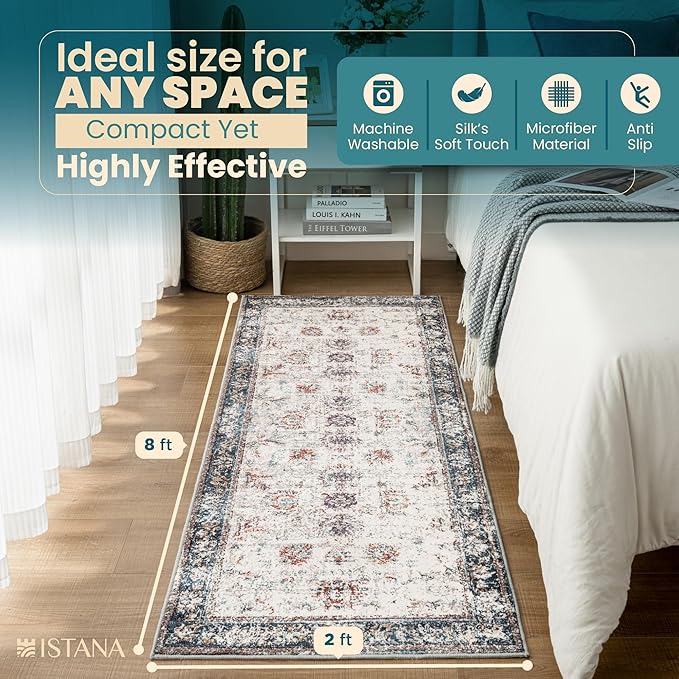 Istana Hallway Runner Rug 2x8 – Multi Colors Entryway Rug -Silk's Soft Touch Runners for Hallways - Stylish Kitchen Runner Rug Non Slip