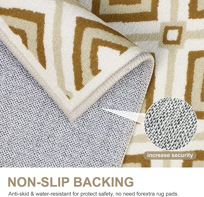 Bavni Hallway Runner Rug Machine Washable, 2x10 Non Slip Lightweight Washable Runners, Moroccan Checkered Rug for Entryway Laundry Kitchen Bathroom Corridor Bedside, Yellow Brown