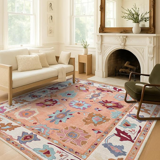Fame Living Orange Oushak Rug, Modern, Vintage, Turkish, Eclectic, Floral, Pastel, Washable, Oversized, Extra Large Area Rugs for Living Room, Dining, Bedroom, Lounge 9'5"x14'
