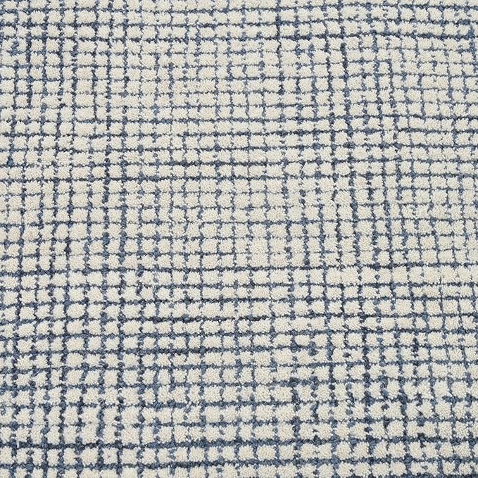 Hand-Tufted 100% Wool Pile Area Rug – Geometric Textured Grid Check Pattern – Thick and Durable Floor Carpet for Bedroom, Living Room, Kids Room, and Dining Area (Indigo Blue, 9' x 13')