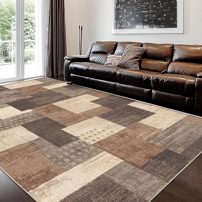 Modern Geometric Patchwork Indoor Area Rug for Living Room, Beige 8'x 10' Large Rug Rockwood Collection Hardwood Floors Decor for Bedroom, Beige Throw Carpet for Office Entryway Dining Room