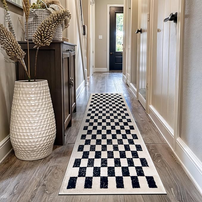 Rugshop Black and White Checkered Area Rug – High-Contrast Grid Pattern Carpet for Living Room, Bedroom, or Dorm – Trendy Contemporary Soft Floor Décor 2' 3" x 12' Runner Black