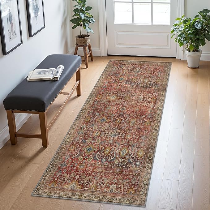 2x5 Runner Rug Machine Washable Boho Runners for Hallway,Ultra-Thin Low Pile Rug,Lightweight Indoor Carpet,Non Slip Floral Runners for Enrtyway, Corridor, Home Office, Kitchen,Burgundy Red
