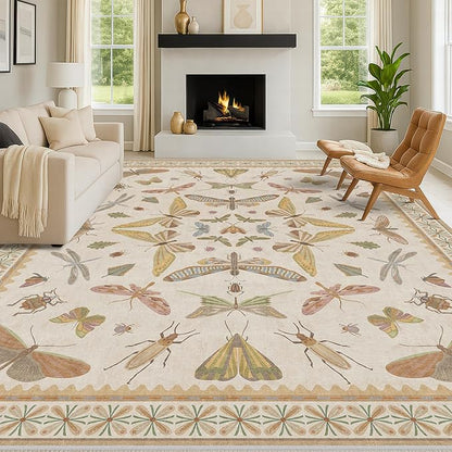 8x10 Fun Rugs For Bedroom - Maximalist Rug for Living Room, Playroom, Dining Room Under Kitchen Table, Washable Soft Stain Resistant Low Pile, Butterfly Insect Floral Cottage Decor, Beige & Yellow