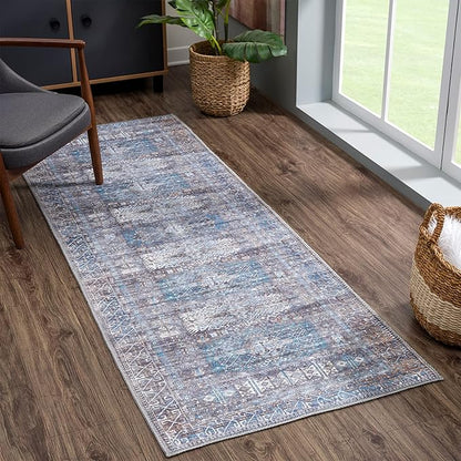 Bloom Rugs Washable 12 ft Runner - Slate Gray/Blue Traditional Runner for Entryway, Hallway, Bathroom, and Kitchen - Exact Size: 2.5' x 12'