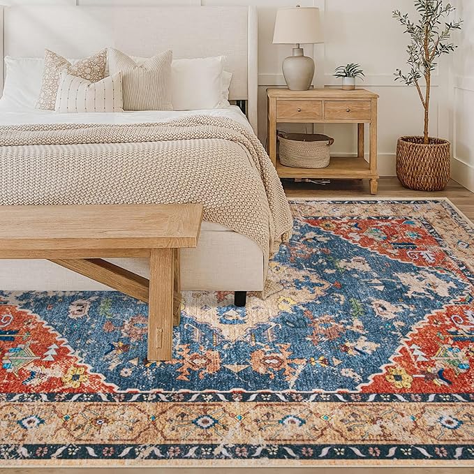 Area Rug 6x9 Washable Rug, Vintage Boho Medallion Rugs Non-Slip Soft Low Pile Large Distressed Rug Indoor Retro Carpet for Living Room Bedroom Dining Room Home Office (Tribal Medallion/Multi, 6'x9')