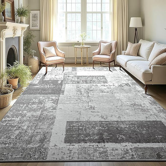 LOCHAS Rug for Living Room, Washable Soft Area Rugs for Bedroom 9x12, Abstract Carpet for Indoor Office Kids Dining Room Nursery Floor, Grey Geometric Vintage Home Decor, Non Slip, Pet Child Friendly