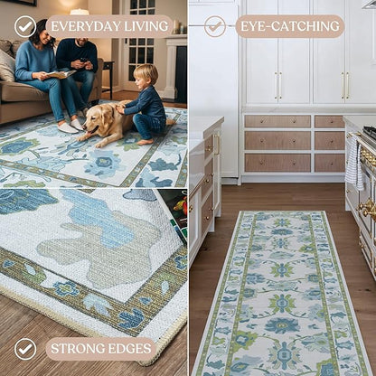 Fame Living Green Oushak Rug, Modern, Vintage, Turkish, Eclectic, Floral, Pastel, Washable, Oversized, Extra Large Area Rugs for Living Room, Dining, Bedroom, Lounge 9'5"x14'