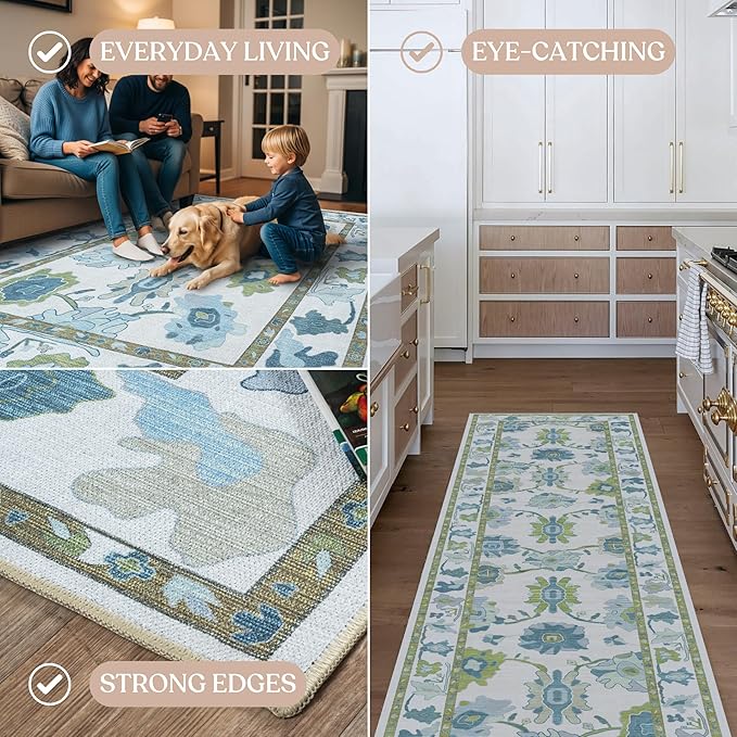Fame Living Green Oushak Rug, Vintage Turkish Eclectic Floral Pastel Large Oversized Area Rugs for Living Room Dining Bedroom Kitchen Bathroom (55 CGRN, 2'5'' x 6'6)