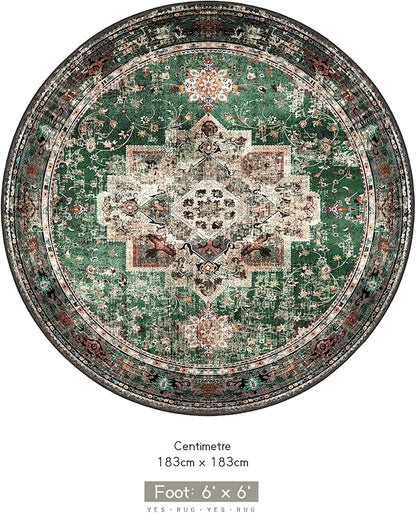 Round Rug 6ft for Bedroom, Green Washable Circle Rug Non-Slip Boho Area Rug 6' Round Carpet for Dining Room Kitchen Dorm Bathroom Low Pile Soft