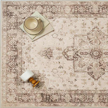 Brown 8x10 Area Rug Washable Vintage Living Room Carpet Non Slip Retro Distressed Low Pile Soft Oriental Medallion Thin Large Throw Rug for Office Bedroom Dining Room Playroom