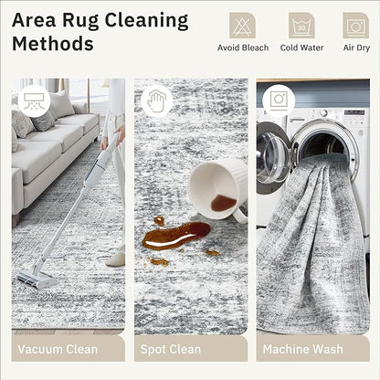 3x5 Rug, Small Area for Kitchen, Entryway, Machine Washable Non-Slip Throw Rug, Vintage Carpet for Nursery Coffee Table Grey