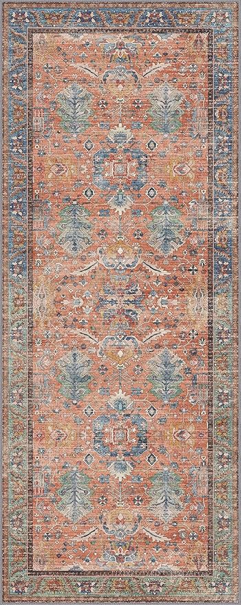 Bavni Runner Rug, Machine Washable Rugs for Bedroom 2x5, Non Slip Boho Rugs with Rubber Backing, Ultra-Thin Folable Rug Runner for Hallways Bathroom, Terracotta/Blue
