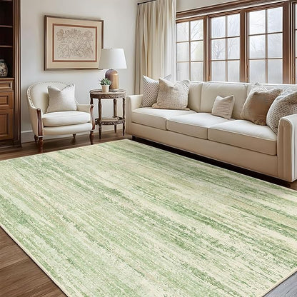 MUJOO 8x10 Area Rugs,Washable Rugs for Living Room Bedroom Dining Room,Modern Abstract Large Non Slip Carpet Indoor,Low Pile Throw Rug Accent Neutral Green