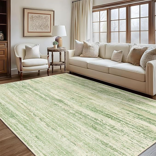 MUJOO 8x10 Area Rugs,Washable Rugs for Living Room Bedroom Dining Room,Modern Abstract Large Non Slip Carpet Indoor,Low Pile Throw Rug Accent Neutral Green