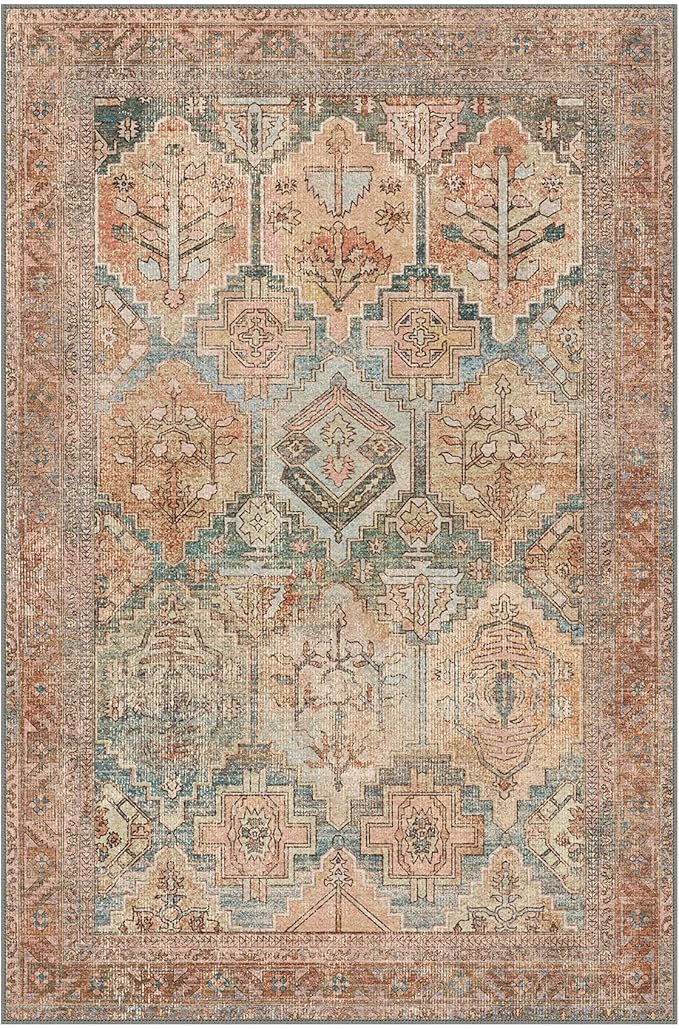 Bavni 2x3 Entryway Rug Bathroom Rugs for Front Door Bedroom Bathroom Kitchen, Washable Vintage Print Carpet, Ultra-Thin Chenille Lightweight Rug with Non Slip Backing, Clay