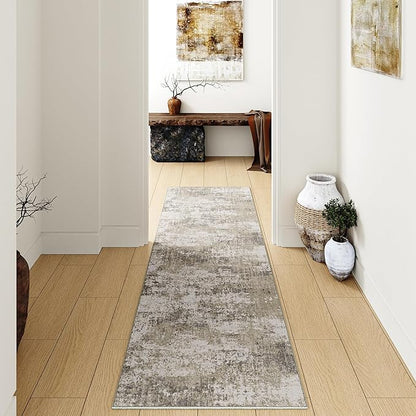 Modern Abstract Beige Gray Area Rug 2x8 Hallway Runner Machine Washable Carpet Bathroom Kitchen Indoor Accent Throw Low Pile Non Slip Distressed Laundry Living Dining Room Bedroom Office