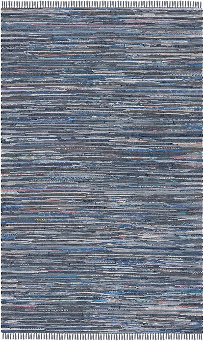 SAFAVIEH Rag Rug Collection Area Rug - 5' x 8', Ink & Multi, Handmade Boho Stripe Cotton, Ideal for High Traffic Areas in Living Room, Bedroom (RAR121C)