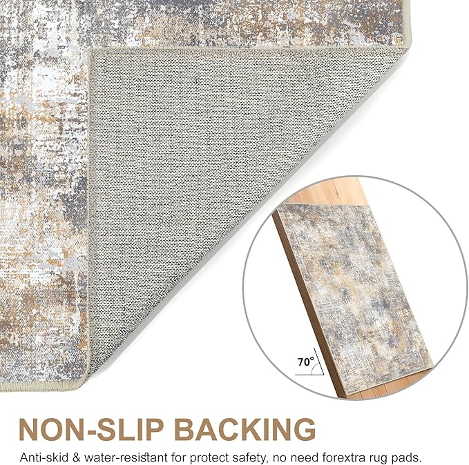 Bavni 9x12 Area Rugs Machine Washable Rug for Living Room, Modern Printed Rug Indoor Soft Area Rug for Bedroom Dining Room, Ultra-Thin Low Pile Carpet with Non Slip Rubber Backing, Ocher Gray