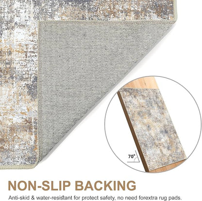 Bavni 9x12 Area Rugs Machine Washable Rug for Living Room, Modern Printed Rug Indoor Soft Area Rug for Bedroom Dining Room, Ultra-Thin Low Pile Carpet with Non Slip Rubber Backing, Ocher Gray