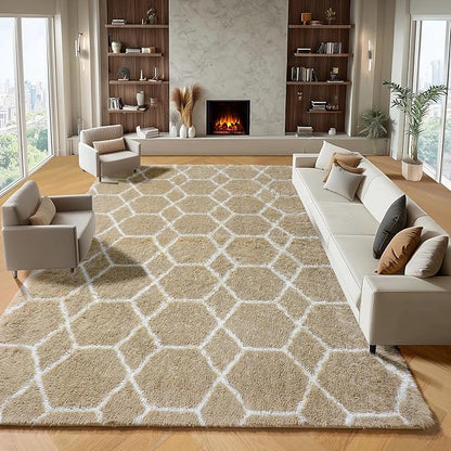 ONASAR 8x10 Area Rugs for Living Room, Fluffy Beige and White Bedroom Rug, Washable Geometric Boho Large Soft Plush Shaggy Fuzzy Floor Carpet for Nursery Kids Classroom Playroom Dorm Home Decor