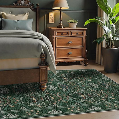 3x5 Floral Washable Area Rugs for Living Room, Vintage Boho Rug for Bedroom Dining Room， Distressed Botanical Birds Non Slip Low Pile Forest Animal Throw Carpet for Farmhouse Office, Bright Green