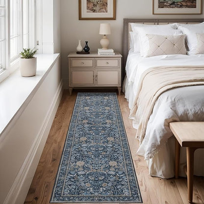 Washable Runner Rug 2x6: Vintage Boho Floral Carpet Runners for Hallway Entryway Non-Slip - Soft Botanical Low Pile Thin Mat for Kitchen Bathroom Bedroom Laundry Floor Decor - Slate Blue