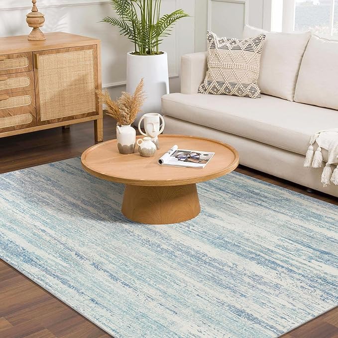 MUJOO Washable Rug 4x6.5,Small Area Rugs for Bedroom Living Room Office Playroom,Modern Abstract Non Slip Carpet,Indoor Throw Carpet,Low Pile Accent Neutral Blue
