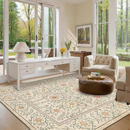 GarveeHome Boho 5x7 Area Rug for Bedroom, Floral Vintage Rugs for Living Room with Soft Low Pile, Non Slip Botanical Washable Rugs 5x7 for Dining Room Camel Carpet for Entryway Dorm Office Playroom