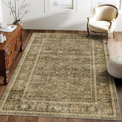 HelloTree Vintage Area Rug 4x6 Brown Entryway Office Washable Carpet Non Slip Backing Printed Distressed Rugs for Bedroom Vintage Boho Tribal Area Rugs for Bathroom Bedroom Dining Living Room-Brown