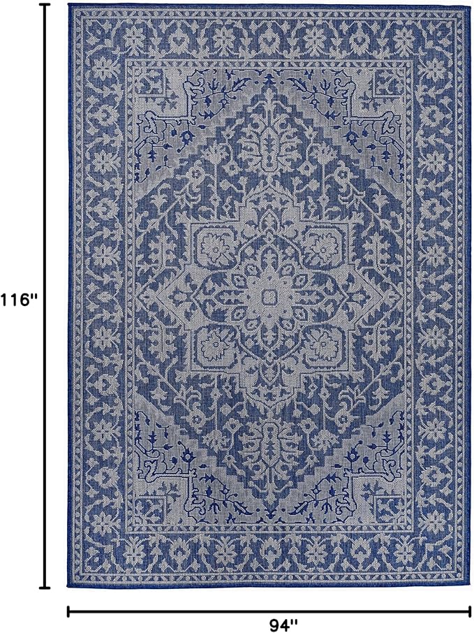 FH Home Flat Woven Outdoor Rug - Waterproof, Easy to Clean, Stain Resistant - Premium Polypropylene Yarn - Vintage - Large Patio, Deck, Sunroom - Amol - Blue - 7ft 10 in x 10ft 9in
