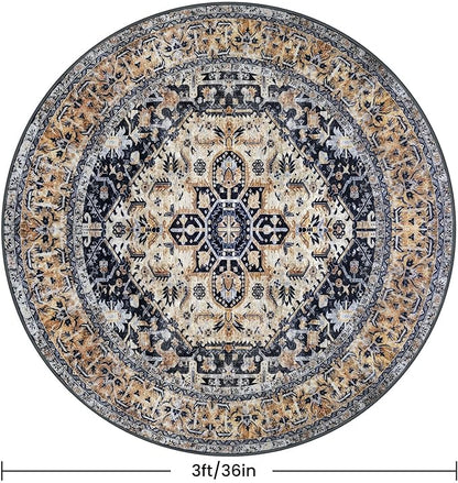 KOZYFLY Boho Round Rug 3 Ft Rugs for Entryway Washable Circle Rug Non Slip Doormat Gold Navy Printed Faux Wool Vintage Round Entryway Rug Floor Carpet Round for Entrance, Bedroom