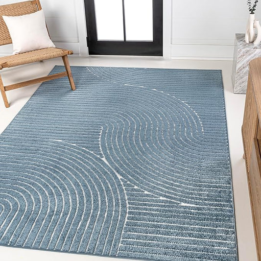 JONATHAN Y Hallie High-Low Curve Dark Blue/Cream 8x10 Indoor/Outdoor Area Rug, Minimalist Geometric, Pet Friendly, for Patio, Backyard, Living Room, Bedroom, Office, Hose-Washable (SCN100C-8)