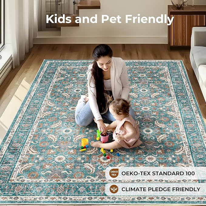 WITSHOCK Living Room Area Rugs 8x10: Soft Non-Slip Backing Washable Rugs Vintage Large Carpet for Bedroom Office Dining Room Kitchen Stain Resistant Home Decor Rug