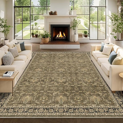 Washable Area Rug 9x12 Brown Rugs for Living Room, Vintage Boho Large Rug for Bedroom Dining Room Office, Distressed Floral Print Carpet for Under Table, Soft Non Slip Low Pile Throw Carpet Indoor Mat