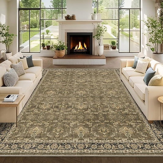 Washable Area Rug 9x12 Brown Rugs for Living Room, Vintage Boho Large Rug for Bedroom Dining Room Office, Distressed Floral Print Carpet for Under Table, Soft Non Slip Low Pile Throw Carpet Indoor Mat