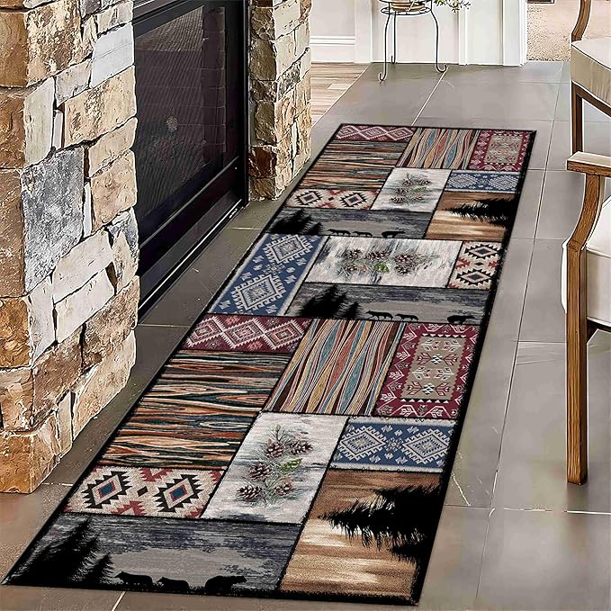 Rustic Country Woodland Rug, 4x10ft, Bohemian Forest Woodland Animal Bear Wolf Multicolor Country Rug, Southwestern Native American Hunting Hallway Carpet, Washable Fade Resistant Throw Rug