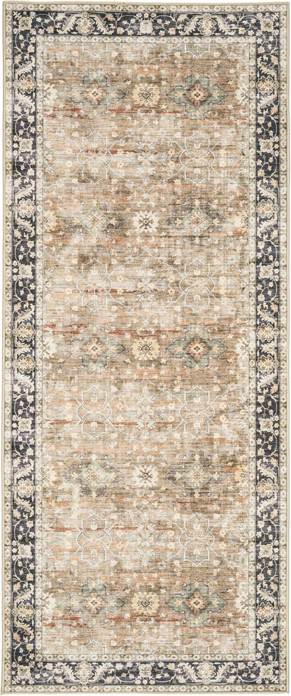 ReaLife Rugs Machine Washable Area Rug Runner - Living Room Bedroom Bathroom Kitchen Entryway - Padded Low Pile Stain Resistant Premium - Boho Farmhouse Vintage - BEV - Beige Tan Brown 2'6" x 6'