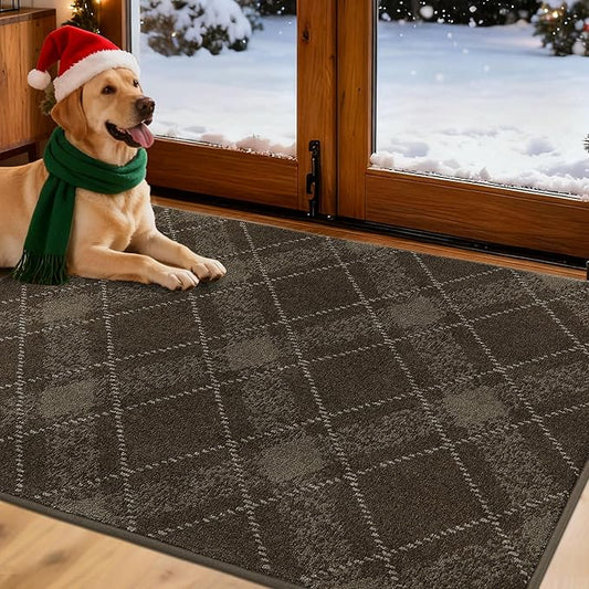 COSY HOMEER Plaid Door Mat 32" x 48",Dirt Trapper Entryway Rugs,Non-Slip Washable Farmhouse Doormat,Low Profile Welcome Mats for Paws Brown