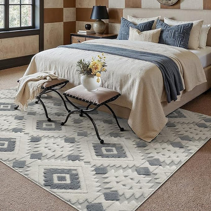 Ivory Grey 8x10 Area Rug Washable Living Room Moroccan Shag Carpet Non Slip Soft Neutral Boho Plush Pile Large Throw Rug for Office Bedroom Dining Room Playroom